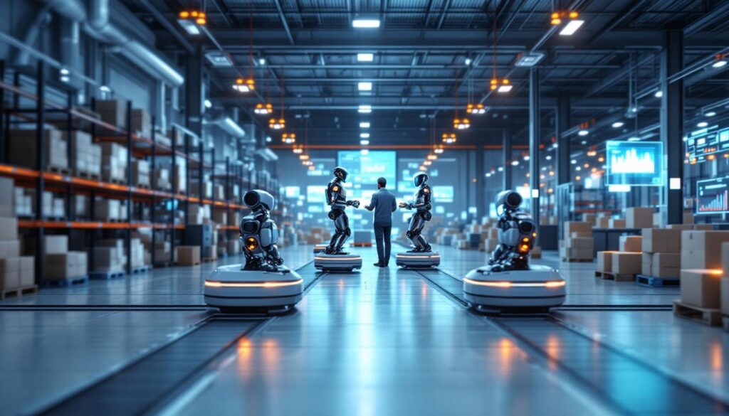 Modern automated warehouse facility with robotic picking systems and autonomous mobile robots transforming supply chain operations in 2024