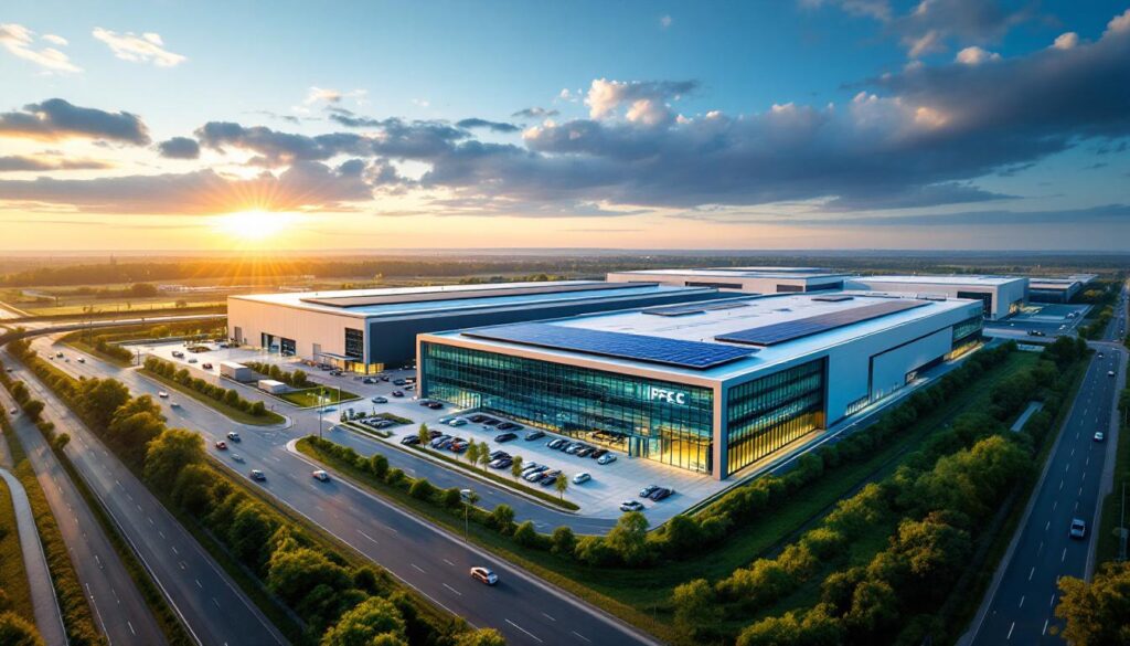 Modern EV manufacturing facility in Slovakia showing industrial transformation with production lines and advanced infrastructure for electric vehicle manufacturing