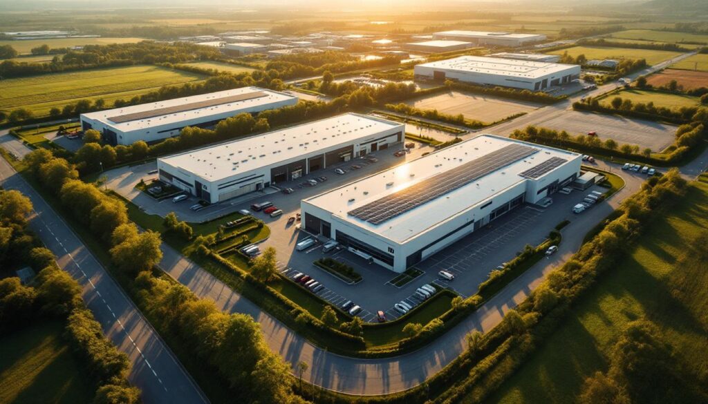 Modern industrial park in Slovakia showcasing sustainable warehouse facilities with advanced technical specifications and strategic location for logistics operations